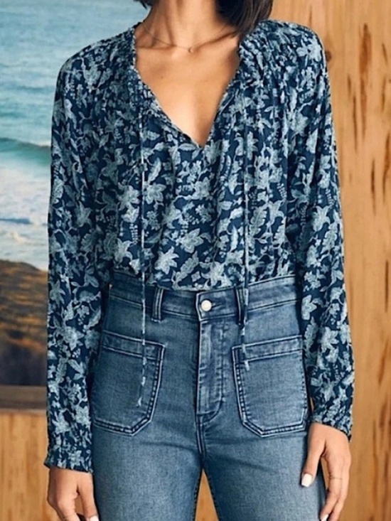 Faherty Tops - Faherty Emery Long Sleeve Top Blouse Size S Blue Esna Floral Fall Boho Peasant